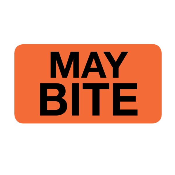 Label, May Bite 7/8" x 1-5/8" Flr Red w/Black